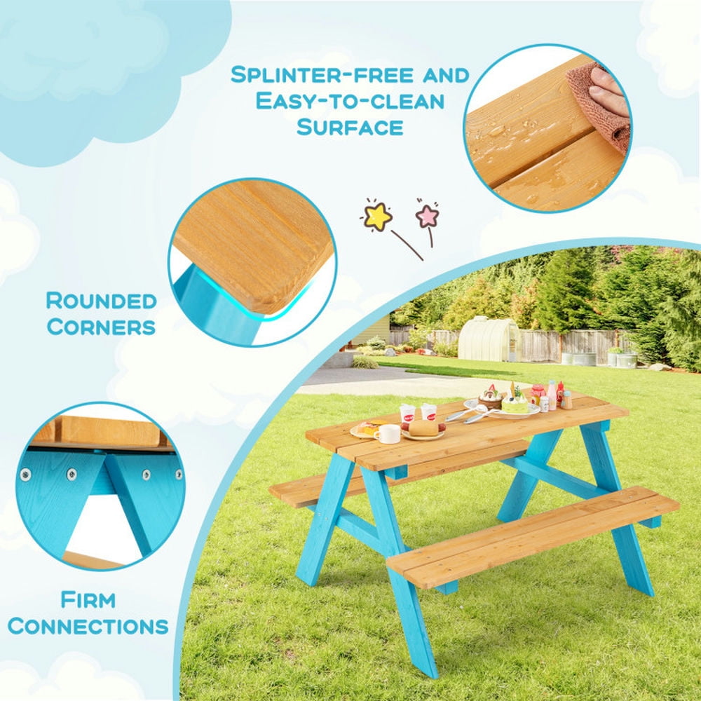 GVN Children Outdoor Wooden Table with Bench Seats for Indoor and Outdoor Use-Natural, Kids Desk and Chair Set for Arts & Crafts, Snack Time, Homeschooling, Homework