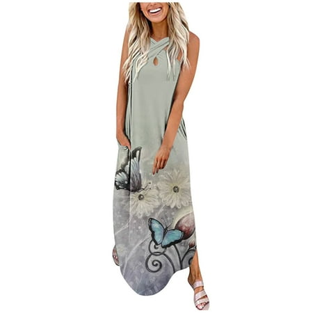 

Juebong Fashion Women Summer Casual Print Pockets Sleeveless Loose Long Dress