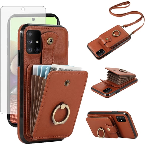 REQO Phone Case for Samsung Galaxy A71 5G Wallet Cell Cover with Tempered Glass Screen Protector and Crossbody Strap Ring Stand RFID Credit Card Holder A 71 G5 71A S71 Women Girls Men Brown
