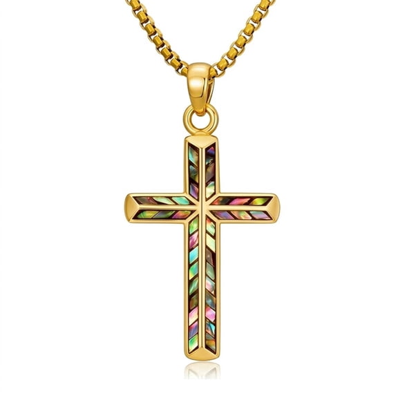 Kootwo Abalone Shell Cross Necklace for Men Women, 14K Gold Plated Iridescent Pendant , Protection Jewelry Gift