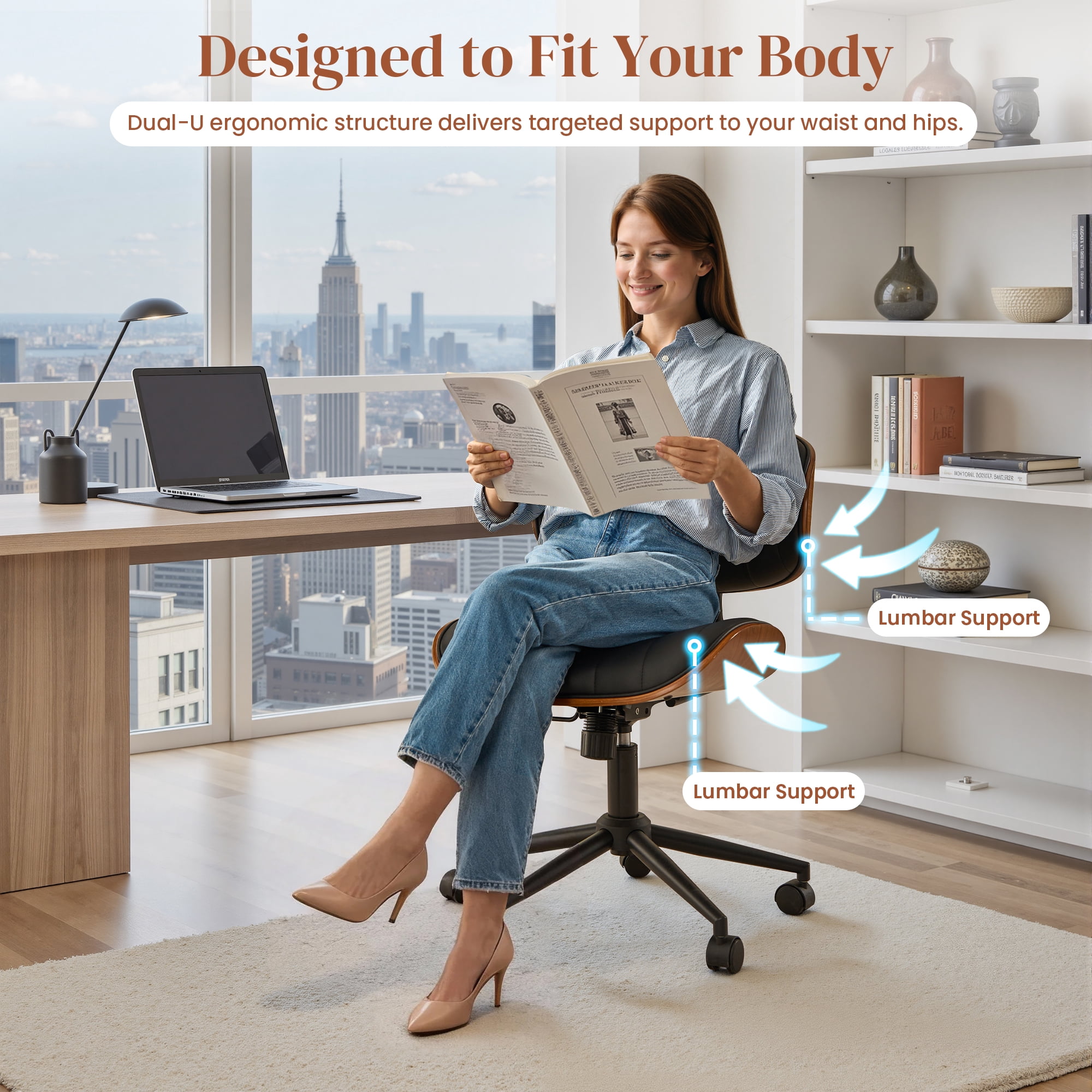 XIZZI Home Office Chair, Armless Mid-Century Ergonomic Desk Chair with 3" Thick Cushion, Premium PU Leather Mid Back 360 Swivel Computer Chair with Walnut Design, Ribbed White