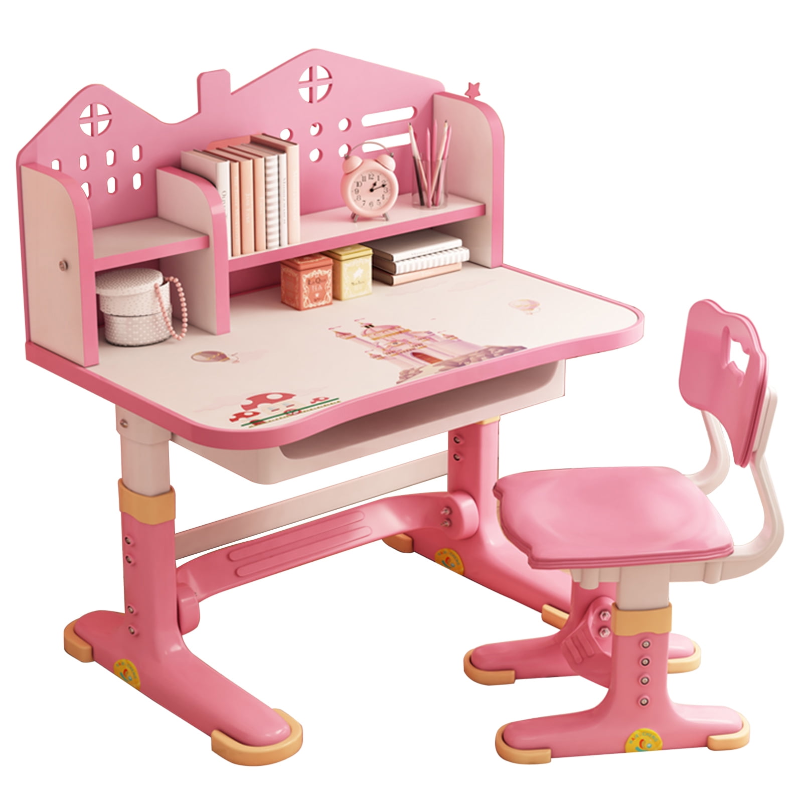 Mairbeon Multifunctional Kids Desk and Chair Set,Height Adjustable Study Table with Drawer Set,Widened Desktop Multi Separation Cartoon Pattern Age 3-12,Pink