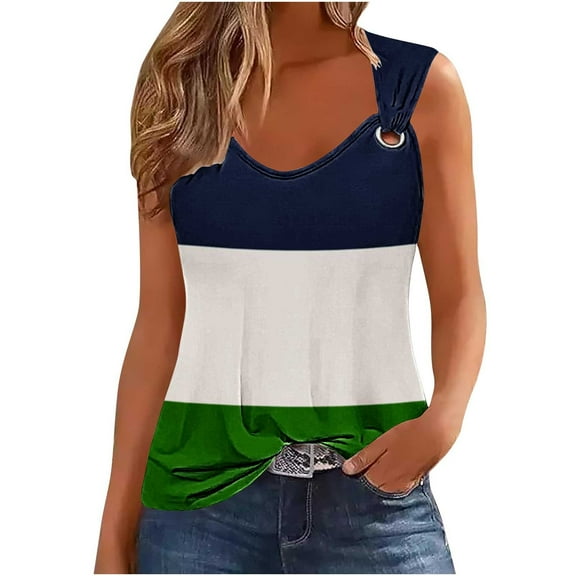 Tank Top for Women Summer Breathable Vest Tops Round Neck Tunic Top Lightweight Color Block Printed Sleeveless T-Shirts Casual Loose Long Shirts