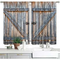 Farmhouse Wooden Barn Door Kitchen Curtains Country Vintage Farm Wood Kitchen Window Curtains Rustic Western Small Short Cafe Tier Curtains Over Sink Drapes Treatment Fabric 2 Panels (26x36 Inch)