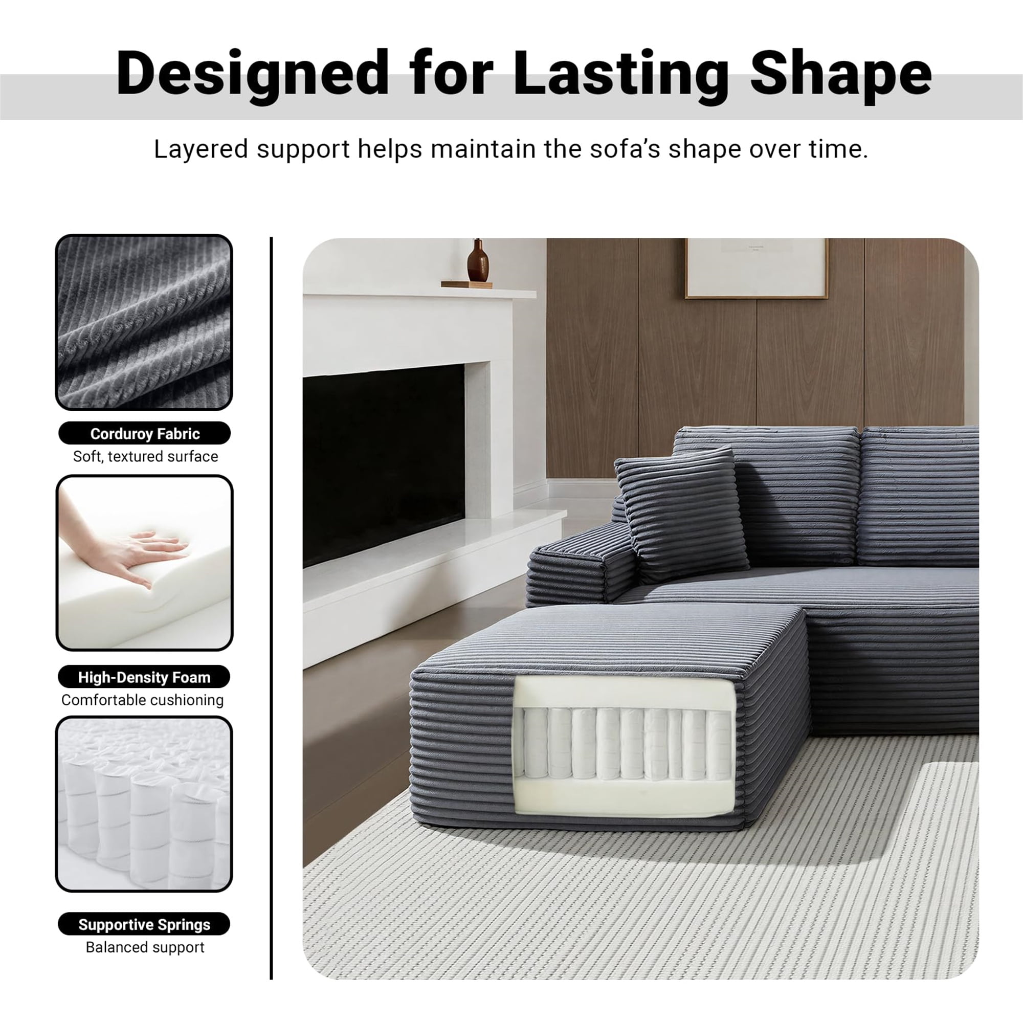 Aukfa 111" Cloud Sectional Sofa Deep Seat Boneless Couch with USB&Cupholdes Storage Console, Modular L-Shaped Couch for Living Room, Corduroy, Gray