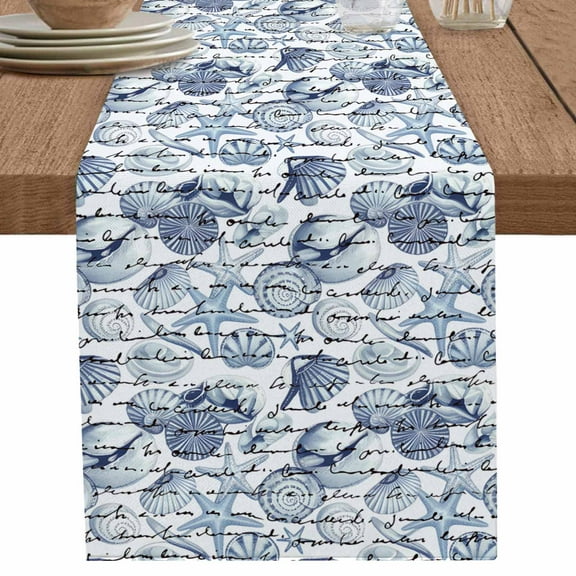 nqOlkjepod Coastal Blue Table Runner 72 Inches Long Farmhouse Dress Scarves, Ocean Starfish Retro Conch Summer Shell Dining Tablerunner for Coffee Table/Kitchen Island/Party Décor, 16" x 72"