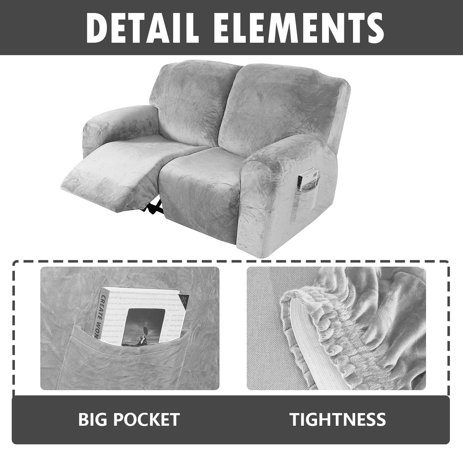 TOPCHANCES 6 Piece Velvet Recliner Cover for 2 Cushion Reclining Loveseat Stretch Recliner Sofa Slipcover with Side Pocket Silver Gray