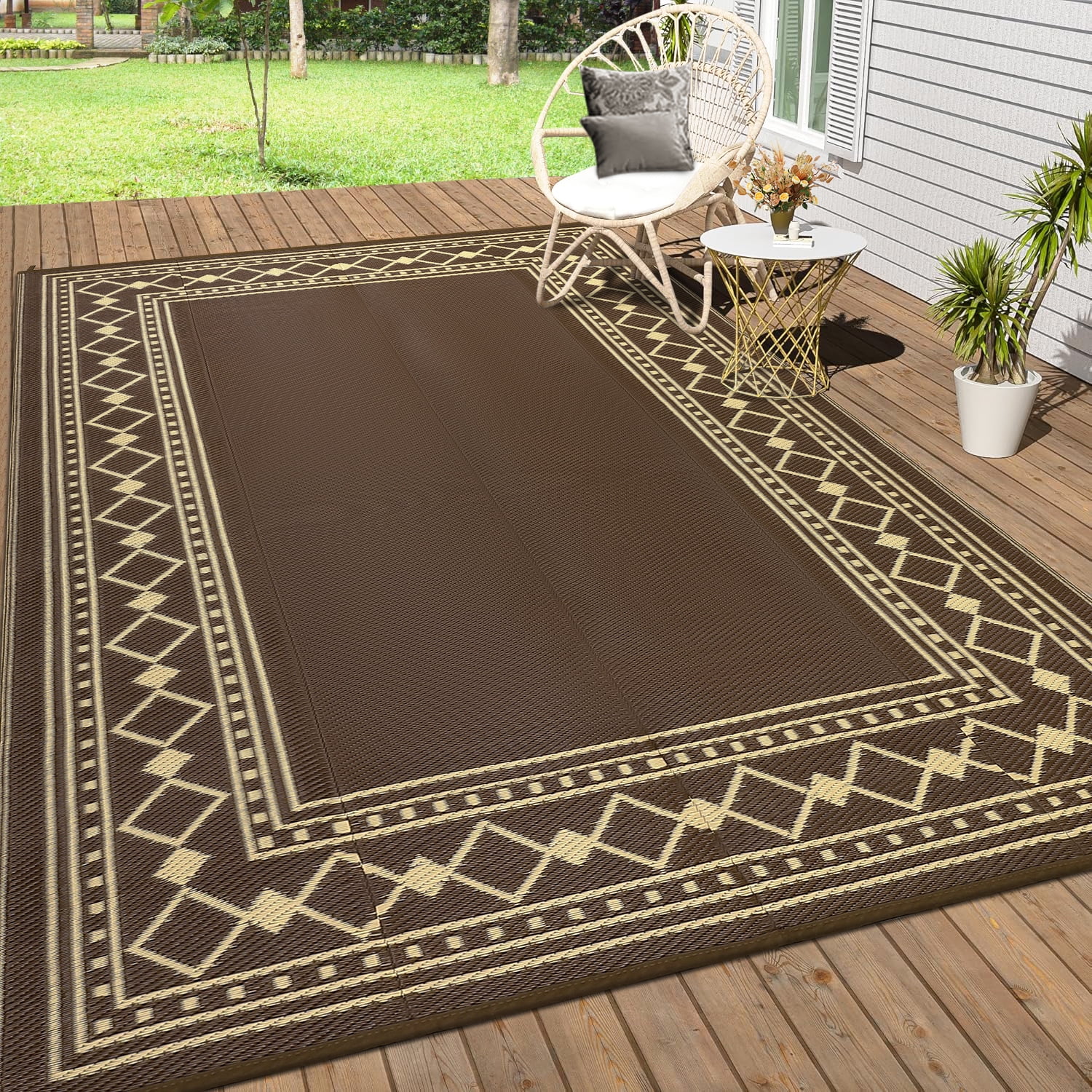 EliteEdge 8*10 Outdoor Rug - Waterproof Double-Sided Plastic Straw Rug, Modern Diamond Border Design P-Tube Outdoor Plastic Mat - Modern - Diamond Double Frame, Suitable for Patio, Camping, Balcony,