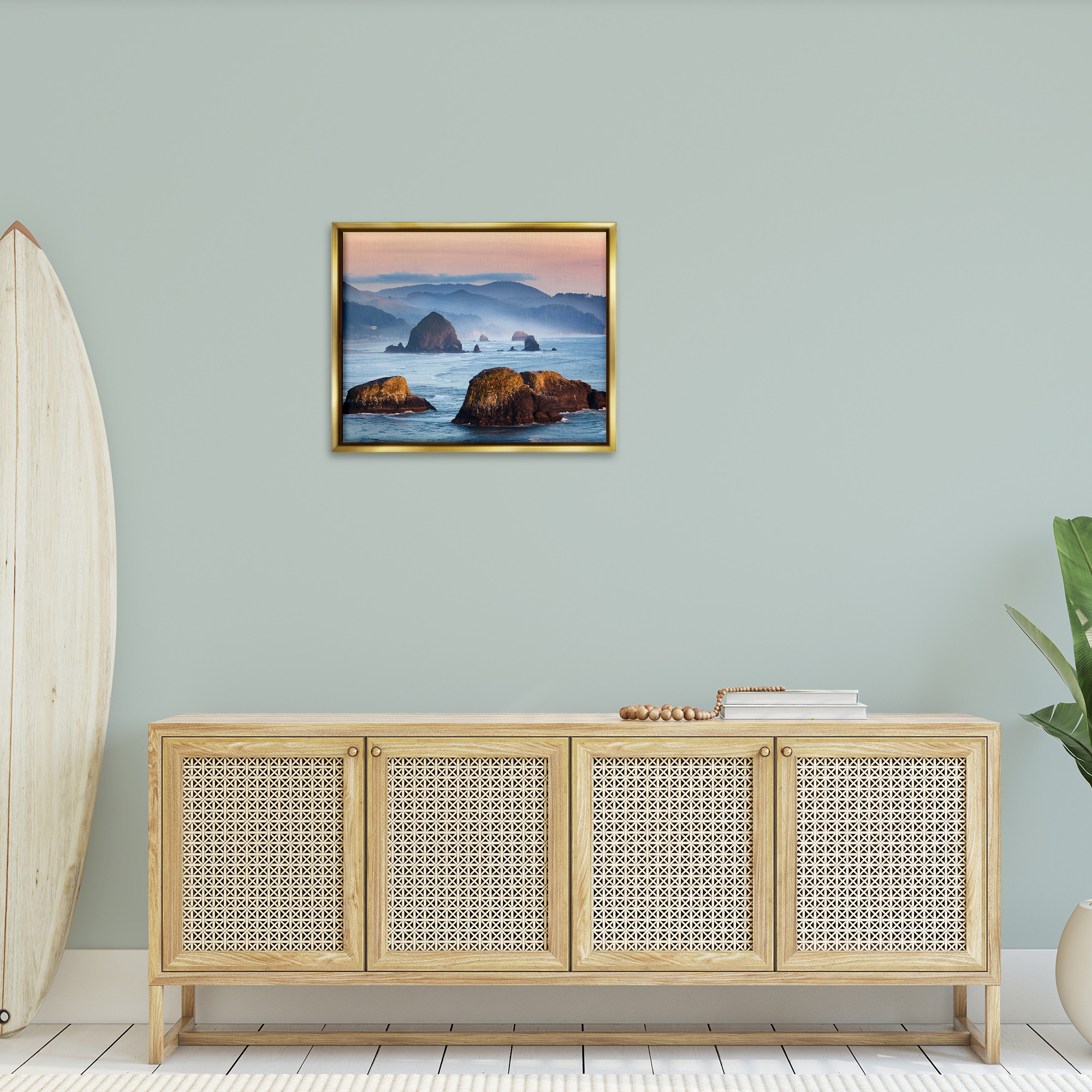 Stupell Industries Ocean Cliffs with Mountains Landscape Photography Gold Floater Framed Canvas Art Print Wall Art, 31 x 25