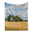 thumbnail image 1 of Kansas Soft Flannel Fleece Throw Blanket, Pastoral Photo of Cottage Front of Trees in a Wheat Field Countryside, Cozy Plush for Indoor and Outdoor Use, 60" x 80", Pale Camel Multicolor, by Ambesonne, 1 of 6