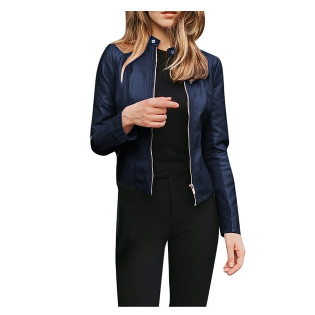 DondPO Veste en Cuir pour Femmes, Veste de Motard pour Dames, Manteau Punk Court à Col Rabattu, Veste en Cuir Noire pour Femmes, Bleu TG en Liquidation!