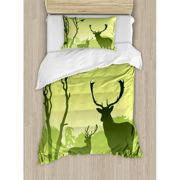 Antlers Duvet Cover Set, Male Deer on a Meadow with Trees and Crow Bird Woodland Mist Rural Green Country Print, Decorative 2 Piece Bedding Set with 1 Pillow Shams, Twin Size, Green, by Ambesonne