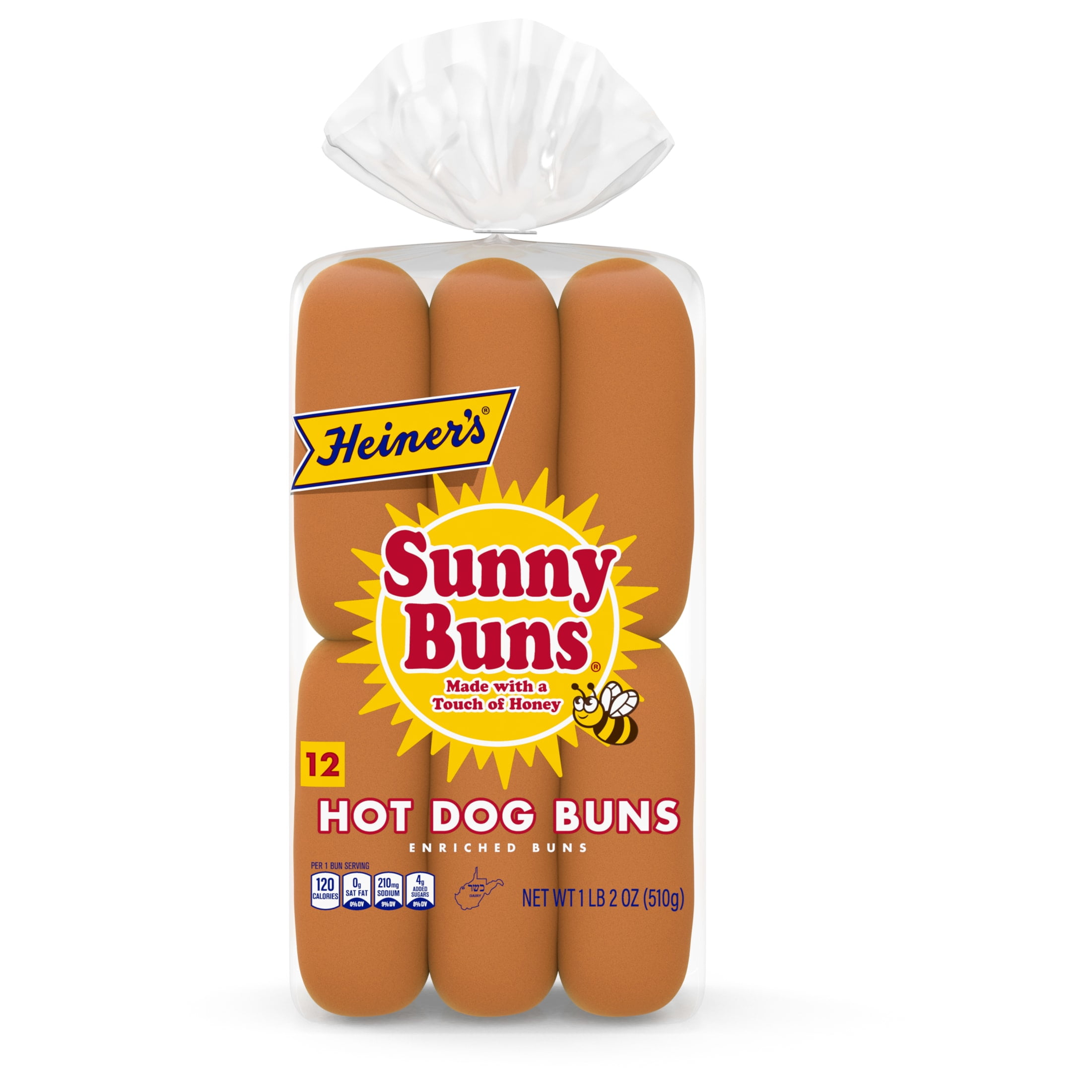 Heiner's Sunny Buns Honey Enriched Hot Dog Buns, 12 count, White Hot Dog Buns, 18 oz Bag