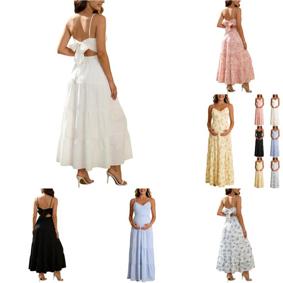 Gyujnb Thin Spaghetti V Neck Strap Maxi Dress All Over Ditsy Floral Print Lace Up Back Tie Fitted Bodycon Cut Elegant Gown for Maternity Photoshoot,L