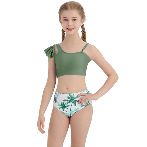 Ardorlove Girls Swimsuit 3 Pcs Bathing Suits Ruffle Sleeve Swimwear Tropical Print Cover Up Skirt Kids Teen Bathing Suit 9-16 Years
