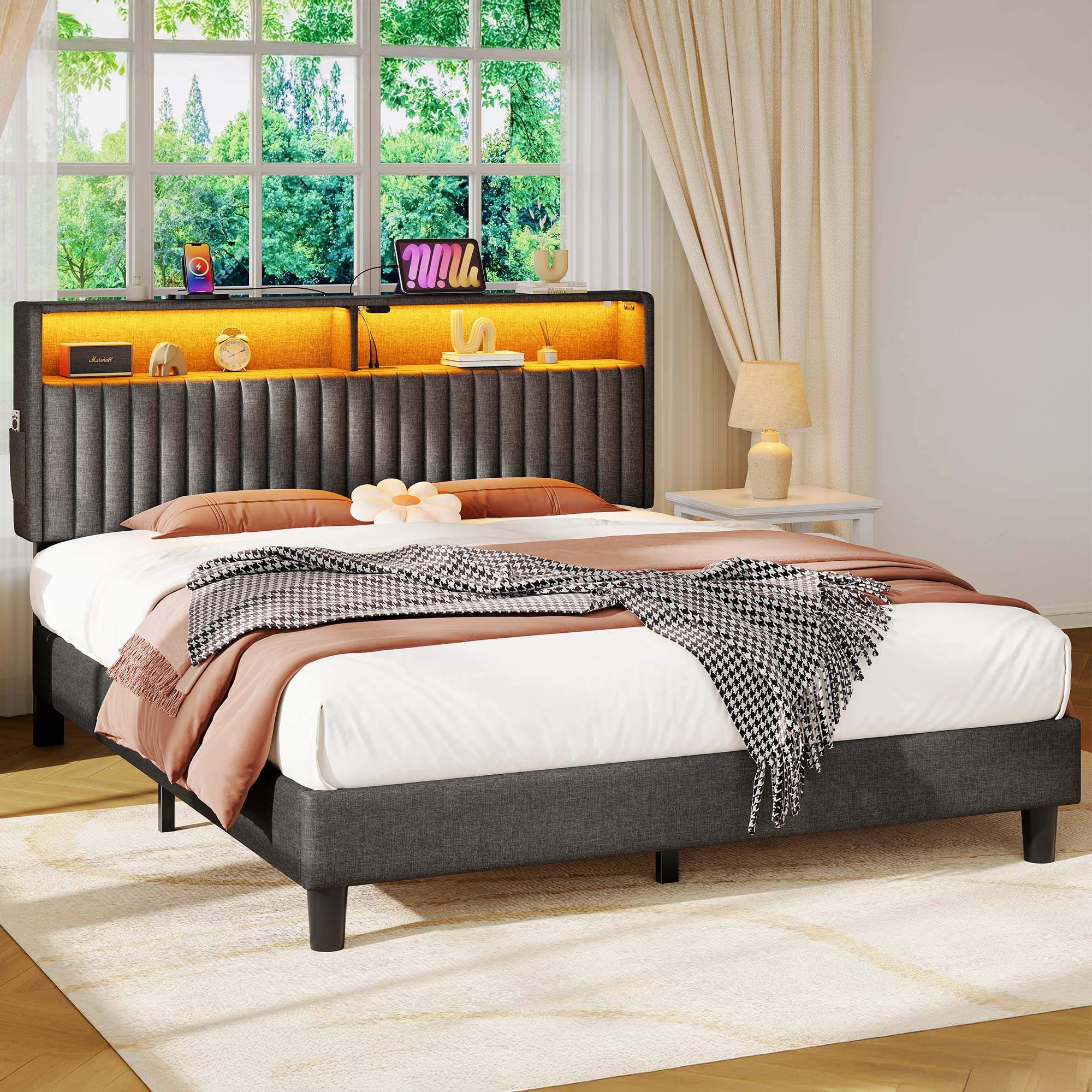 Greenstell Queen Bed Frame with LED Light & Platform Bed with Upholstered Storage Headboard USB Ports & Charging Station, Dark Gray