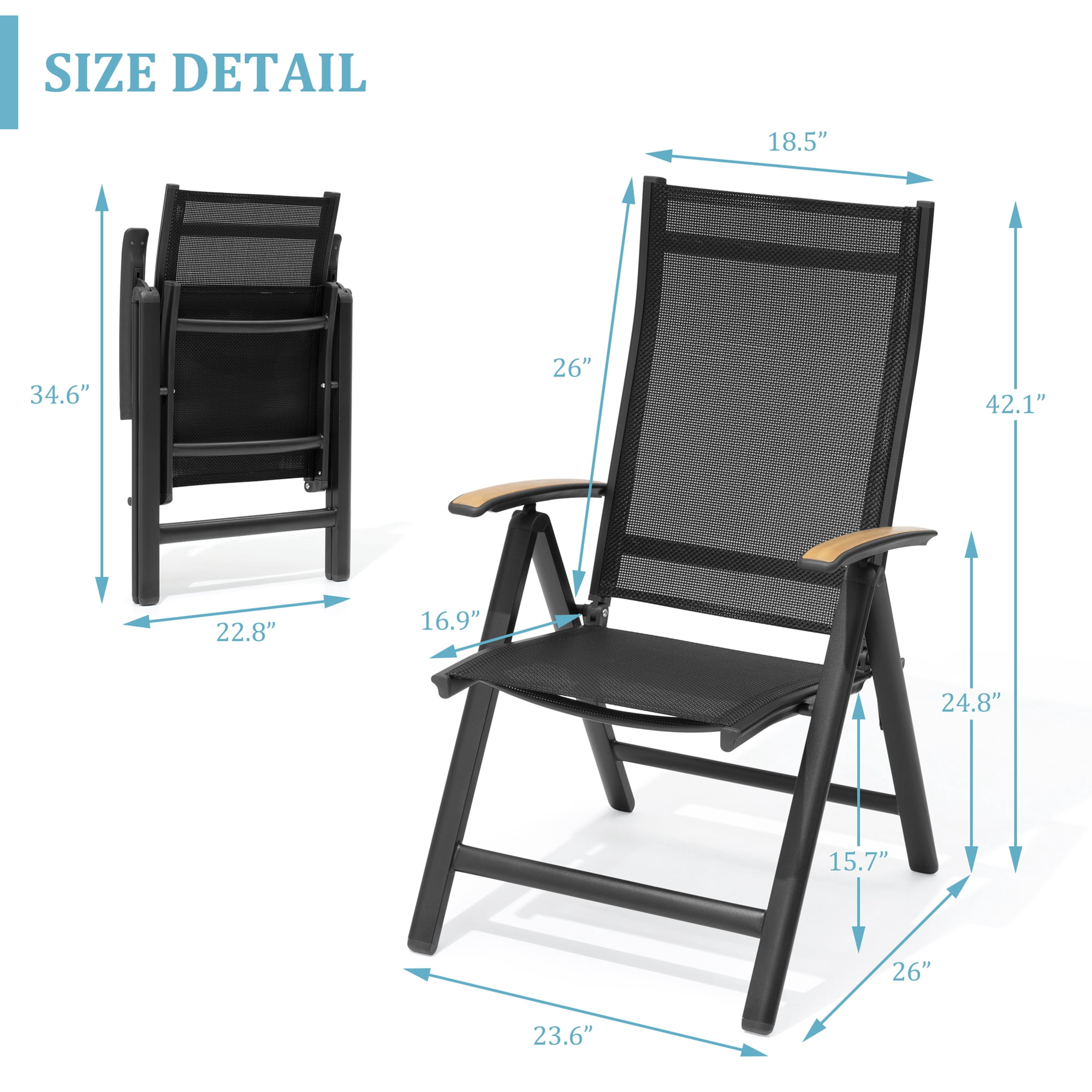 Pellebant Set of 2 Aluminum Outdoor Folding Dining Chair with Arm, Black