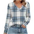 thumbnail image 2 of YUGYXL Women's Fashion Tunic Shirts V Neck Plaid Button Up Tops Long Sleeve Irregular Casual Comfort T-Shirts Light Blue M, 2 of 6