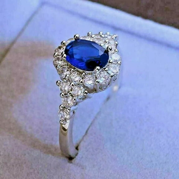 2Ct Oval Cut Lab-Created Blue Sapphire Women's Engagement Ring 14K White Gold Plated