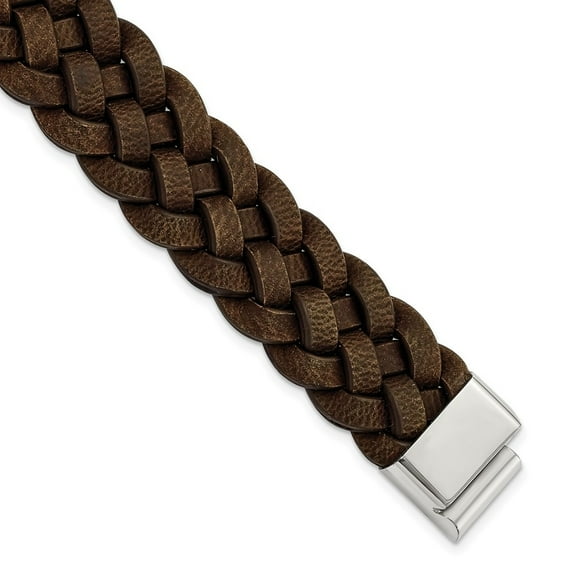 Auriga Fine Jewelry Stainless Steel Men's Polished Brown Braided Leather 8.75 " Bracelet