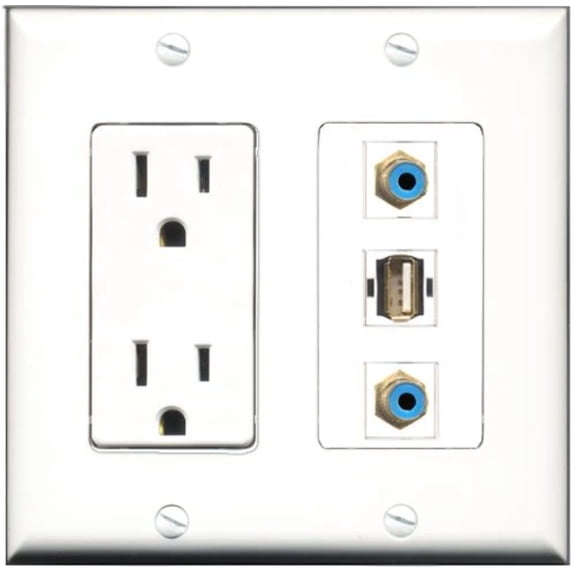 RiteAV - 15 Amp Power Outlet 2 Port RCA Blue 1 Port USB A-A Decorative Wall Plate