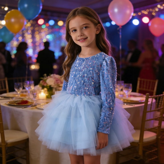 ZHOGXU Big Kids Girls Dress Long Sleeved Round Neck Sequins Patchwork Mesh Elegant Stylish Tutu Dresses For Formal Occasion Blue 3-4 Years