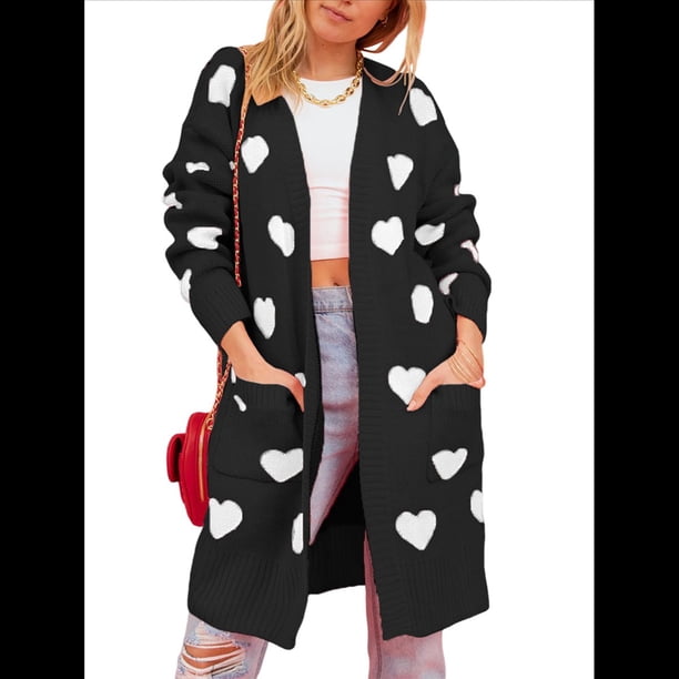 Suéter Cárdigan con Corazón para Mujer, Cuello en V, Abertura Frontal, Punto Acanalado, Abrigos con Bolsillos. Negro L