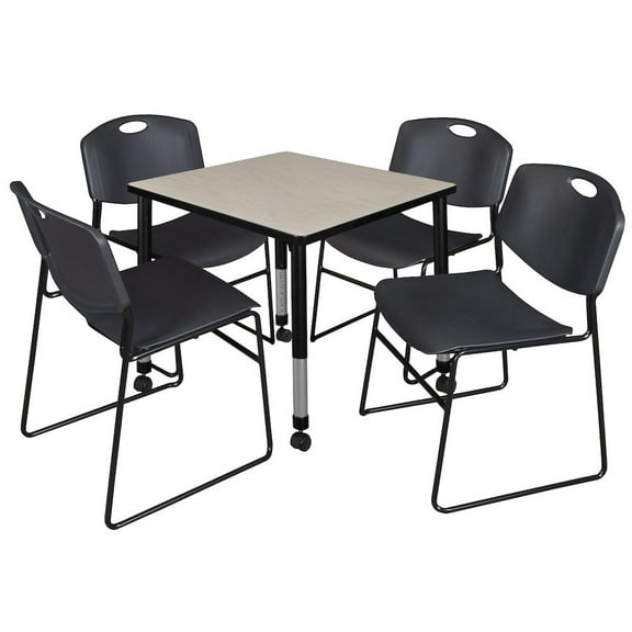 Regency 30 Square Mobile Adjustable Classroom Table- Maple & 4 Zeng Stack Chairs- Black