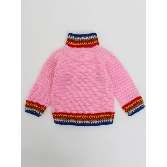 Woonie Handmade Raglan Sleeve Sweater With Multicoloured Border For Kids-Pink
