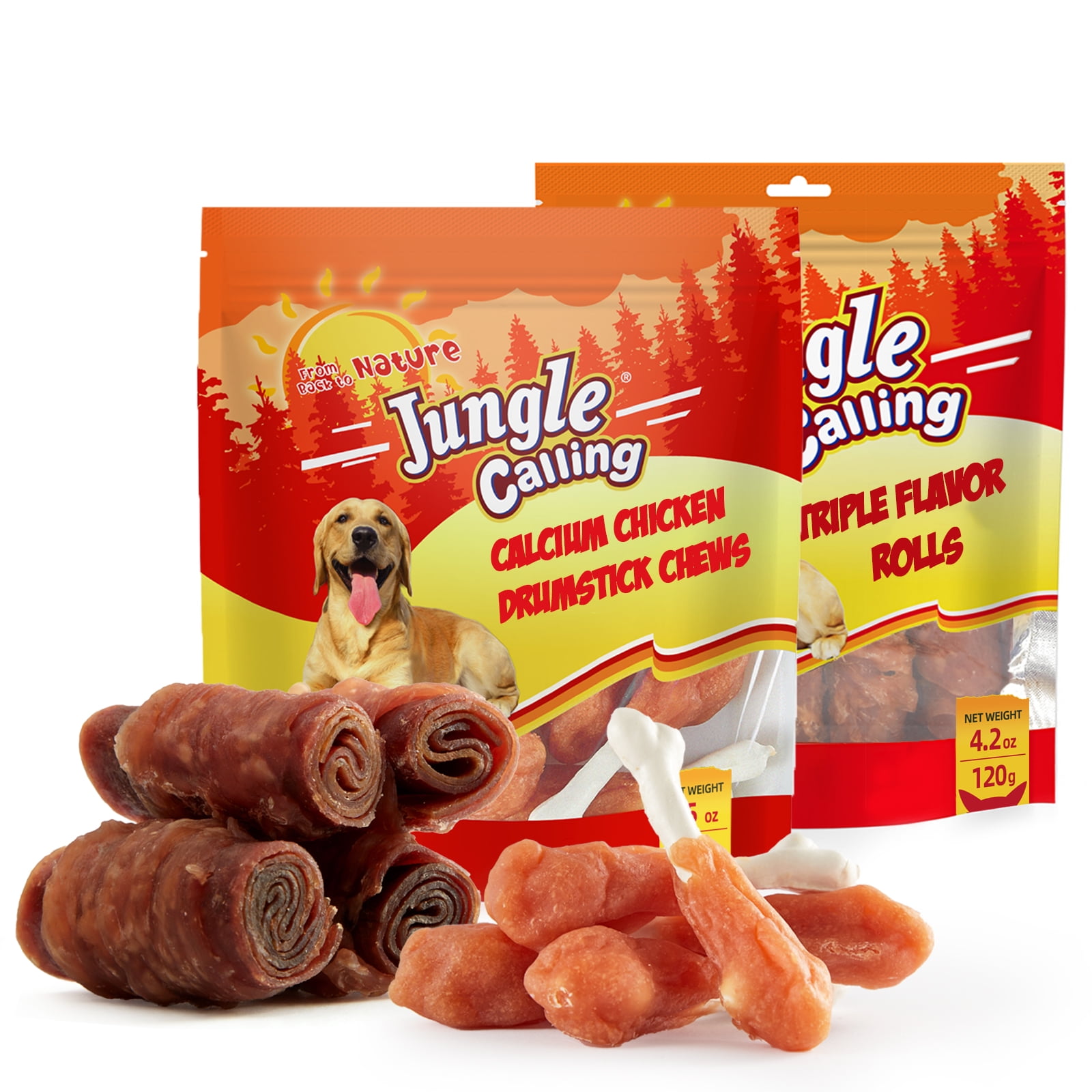 Jungle Calling Dog Treats Variety Pack | Rawhide-Free Chicken Bones (5 oz) + Triple Flavor Rolls (4.2 oz) | Teeth Cleaning, Training Rewards