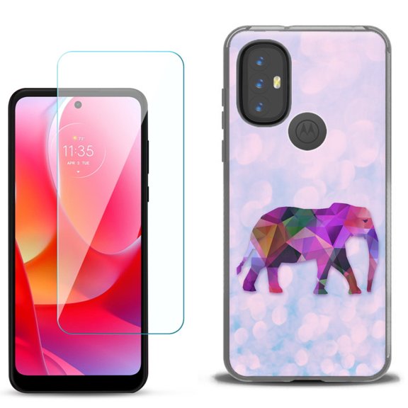 Slim-Fit Gel TPU Phone Case for Motorola Moto G Power 2022, with Tempered Glass Screen Protector, by OneToughShield ® - Elephant /Polygon