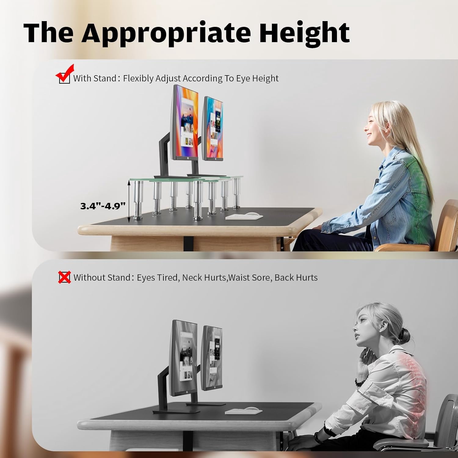 Adjustable Length and Angle Dual Monitor Riser Desktop Organizer for Computer and Laptop in Clear
