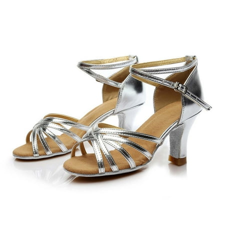 

Hvyes Glitter Women Latin Dance Heels Shoes Ankle Strap Closed Toe Sandals Ballroom Salsa Tango Practice Performence Party Dancing Shoes Size 4.5