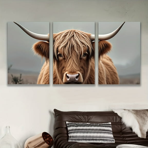 3pcs Highland Cattle Canvas Wall Art - Frameless Rustic Print of Yak with Long Horns, Perfect for Living Room, Office, or Bar Decor | Ideal Birthday, Holiday, and Home Gift, Cow Decor