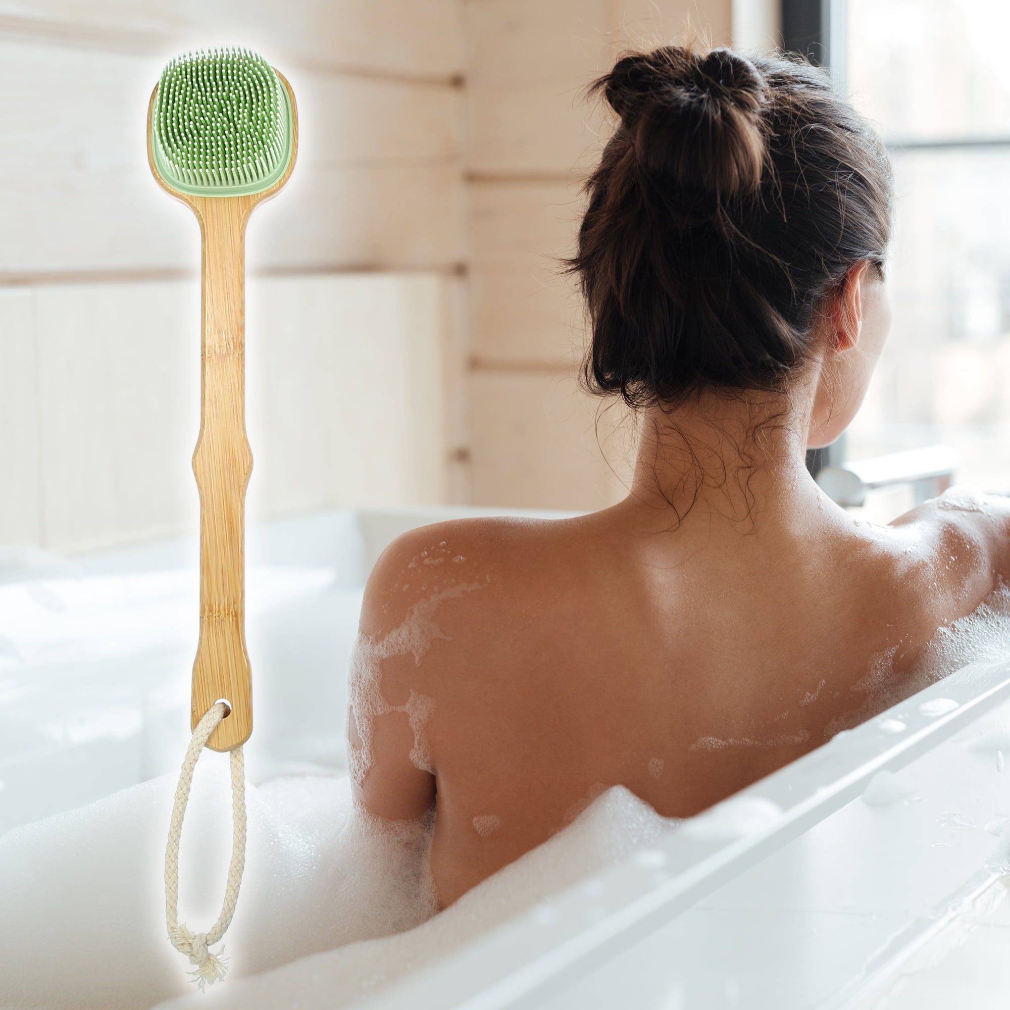 Unique Bargains Back Scrubber Brush with Long Handle for Exfoliating Silicone Light Green