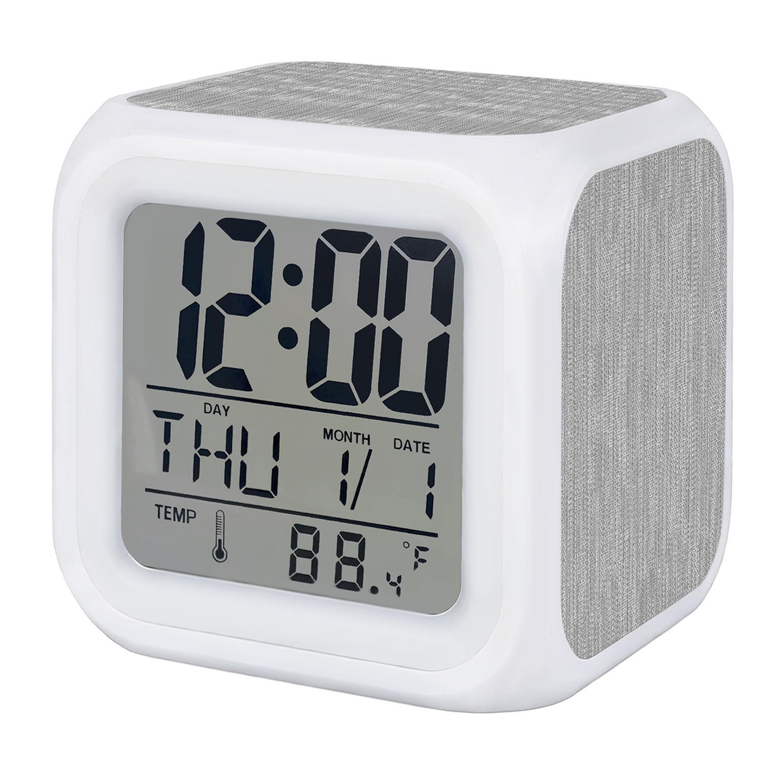 Light Grey Alarm Clock, Country Vintage Minimalist Solid Color Backdrop Digital Clock Night Light with 7 Color, Calendar Temperature Display, LED Desk Small Clock for Bedrooms Bedside Living Room