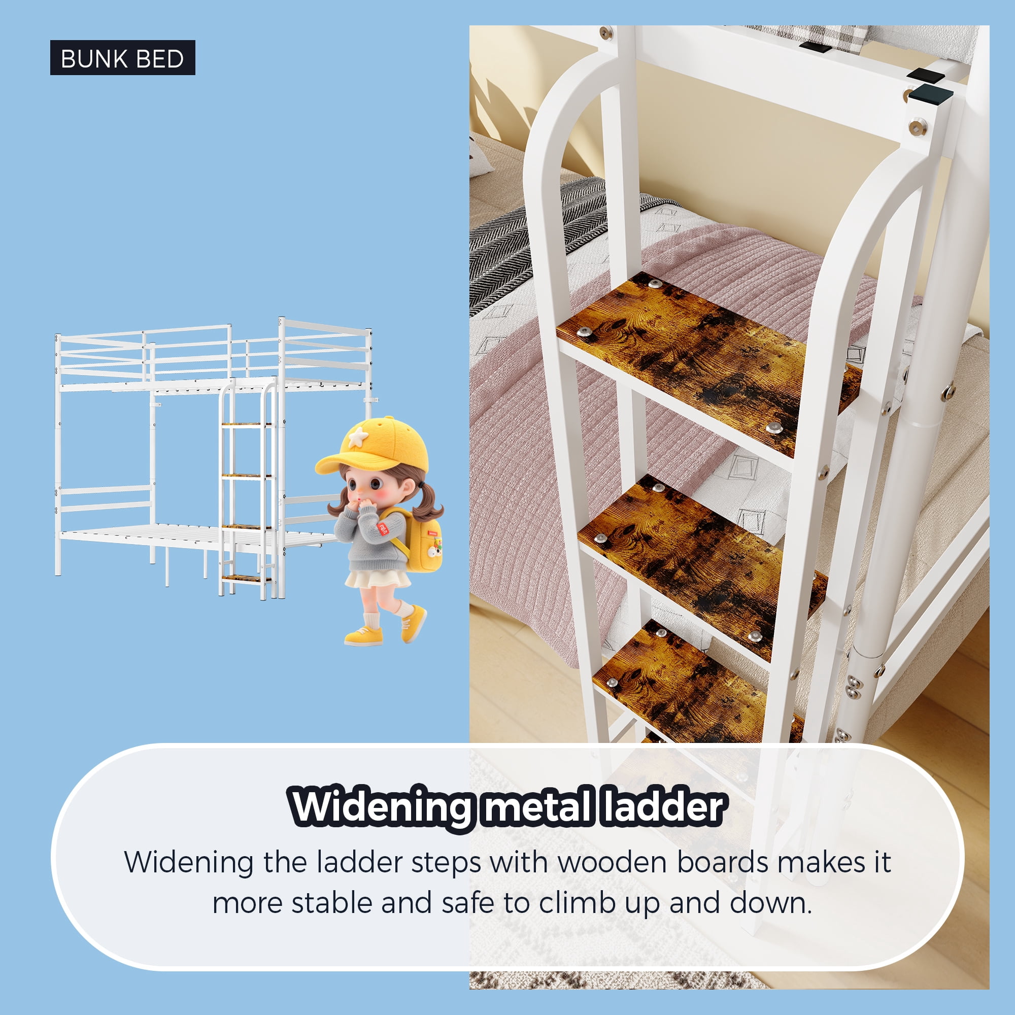Leumius Bunk Beds Twin Over Twin,Heavy-Duty Bunk Bed with Safety Guardrail & Ladder,Metal Slats Support,No Box Spring Needed,White