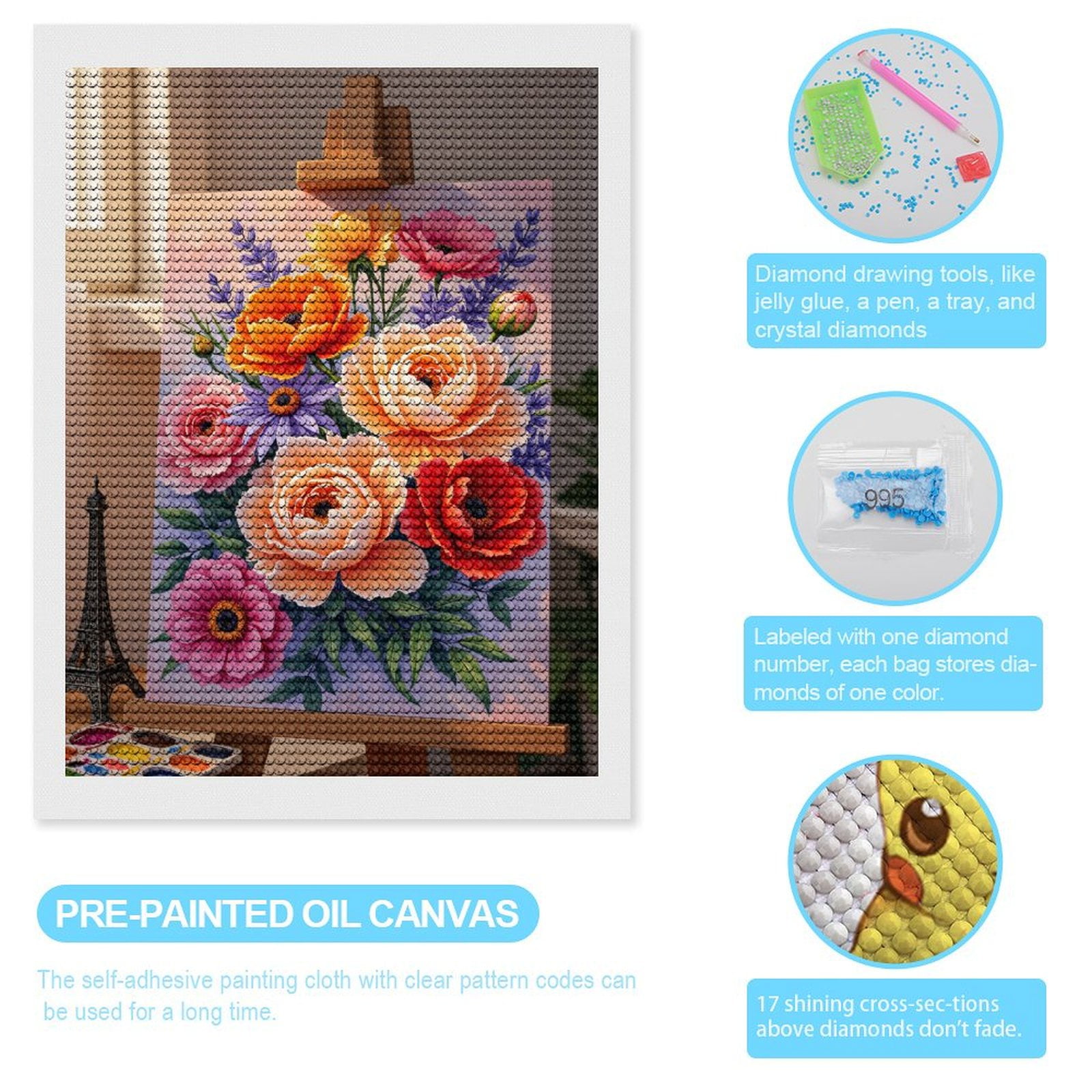 Diamond Art Kit for Adults, Flowers Painting Bright Art Canvas Diamond Painting for Adults Beginners, 5D DIY Diamond Art Painting Kits, Colorful Diamond Painting Craft for Home Decor 12x16