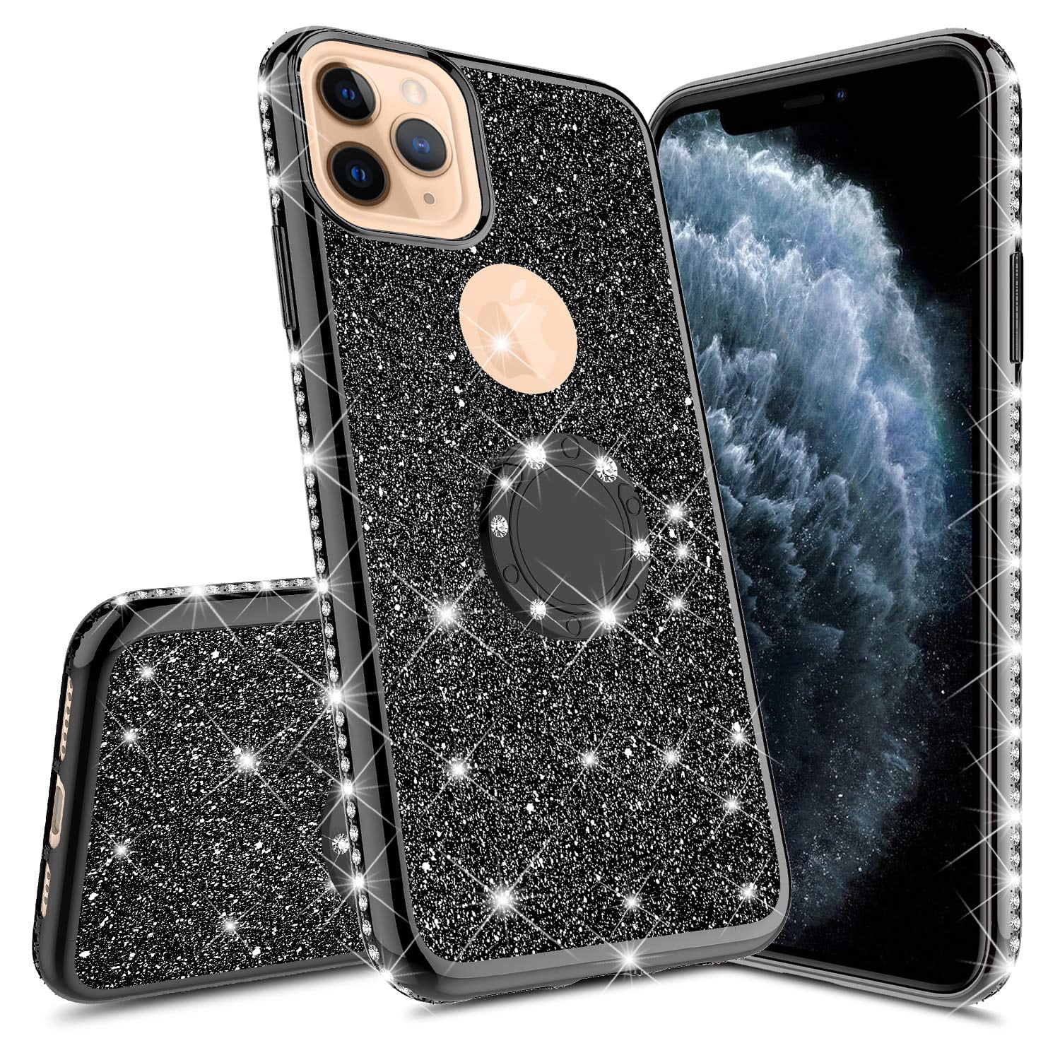 Aulzaju for iPhone 11 Pro Max Case for Women iPhone 11 Pro Max Cute Case with Ring Kickstand Bling Diamond Rhinestone Hard Protective Case Glitter Sparkle Love Design Luxury Fashion Girly Case 6.5'' 