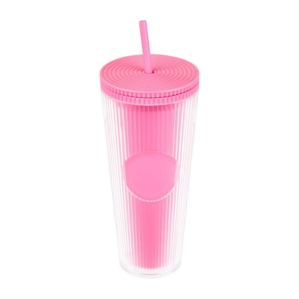 Vaso de plástico doble pared con popote y diseño texturizado rosa 9.7 x 22.7