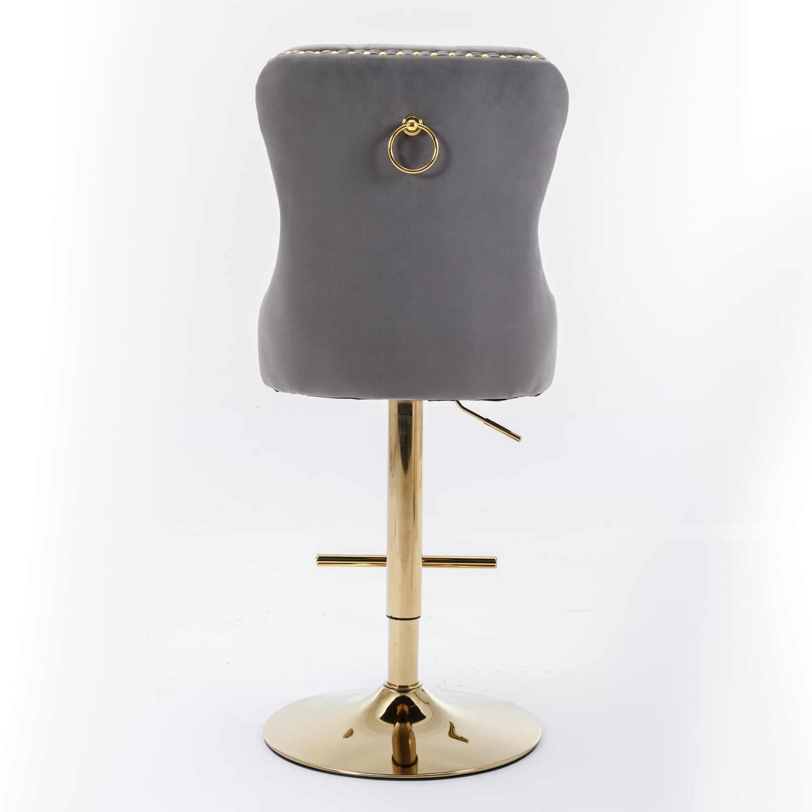 Yoneston Bar Stools Set of 2, Adjustable Height Bar Stools with Tufted Velvet Upholstery, Nailhead Trim & Gold Metal Base, Modern Counter Stools for Pub, Kitchen Island, Gray
