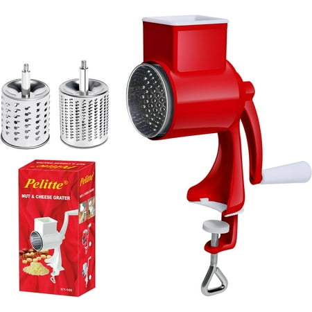 

2 in 1 Stainless Steel Rotary Grater Kitchen Grater Vegetable Slicer Cheese Rotary Chopper Food Mills With 2 Stainless Drum Red