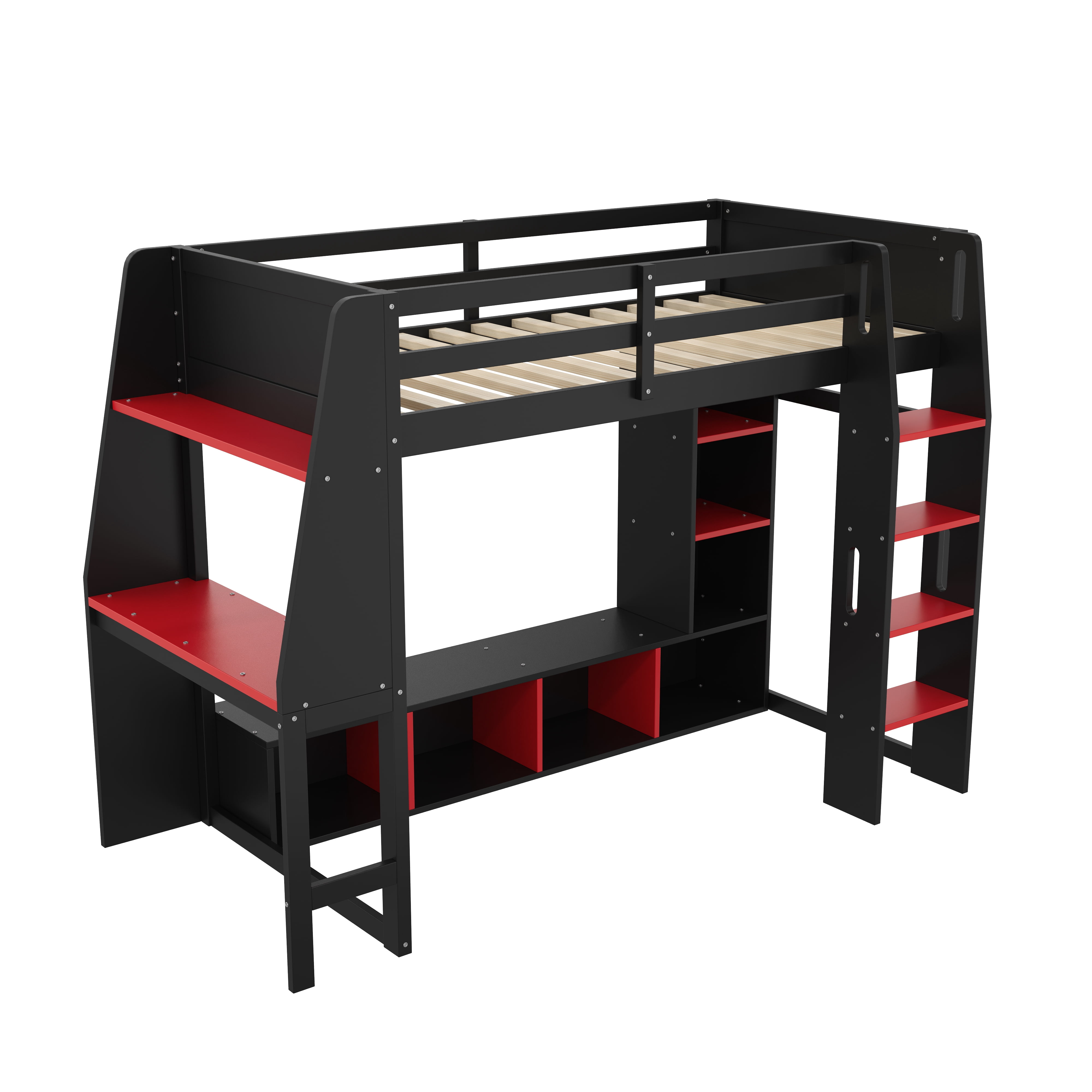 Euroco Modern Wood Twin Size Loft Bed with Desk and Clothes Hanger, Gaming Bed with Shelves and LED Light for Kids Teens, Black