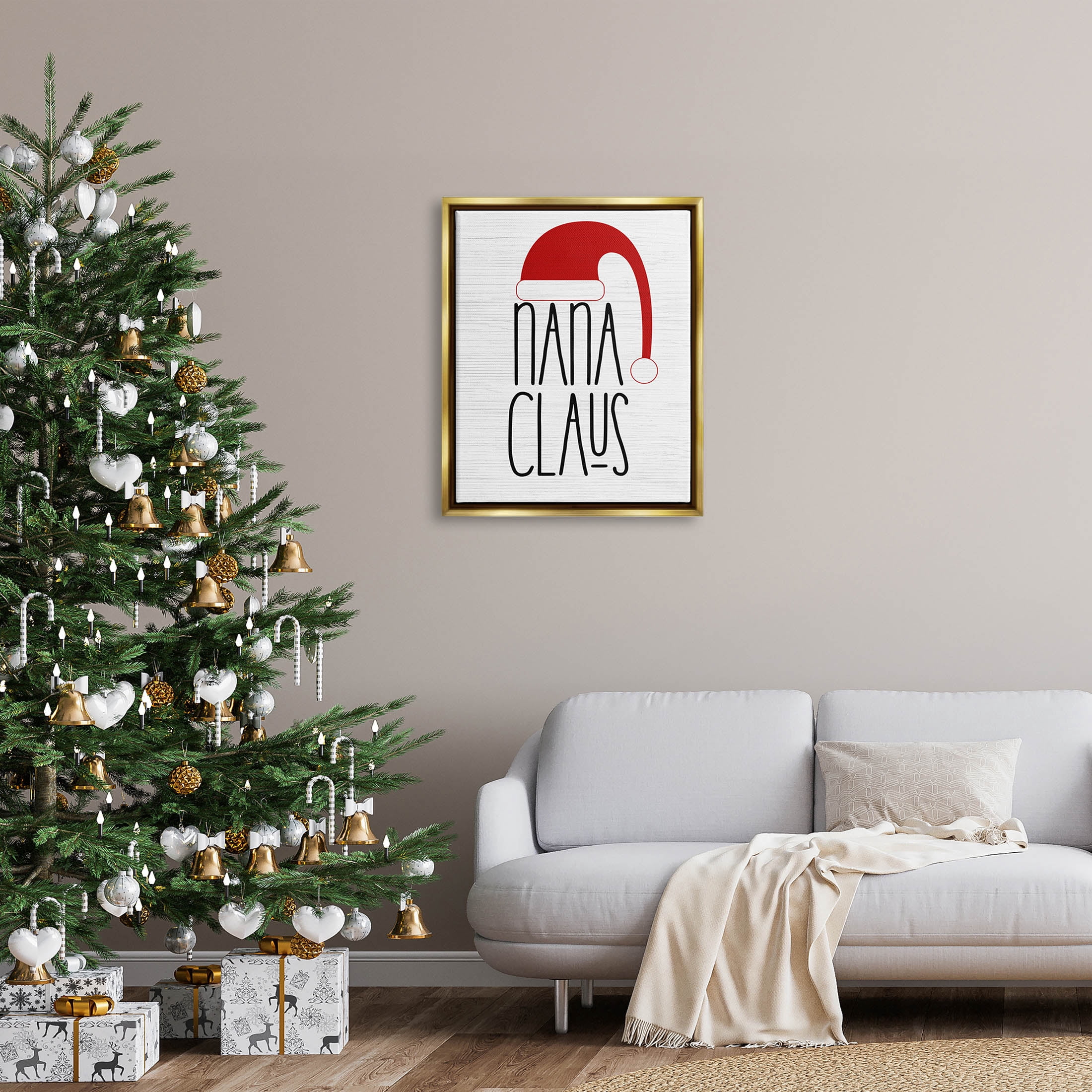 Nana Claus Fun Santa Hat Phrase Holiday Graphic Art Metallic Gold Framed Art Print Wall Art