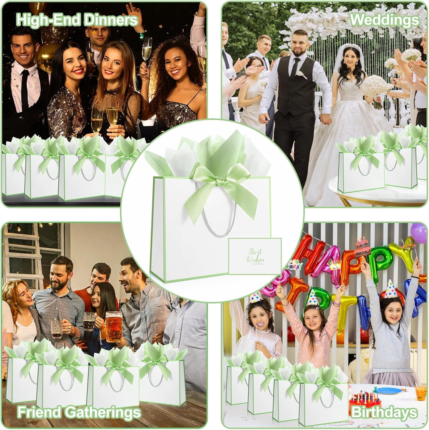 Gift Bags with Handles, Includes Tissue Papers, Bows, Ribbons & Cards for Weddings, Bridesmaids, Birthdays, Thank You, Easter, Mother's Day, Holidays (White and sage green)