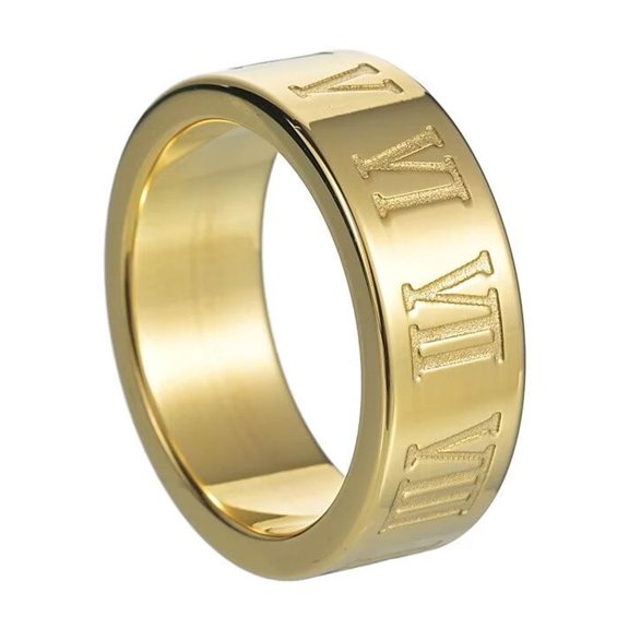 PAMTIER Men's Stainless Steel 8MM High Polished Simple Roman Numerals Ring Gold Size 7