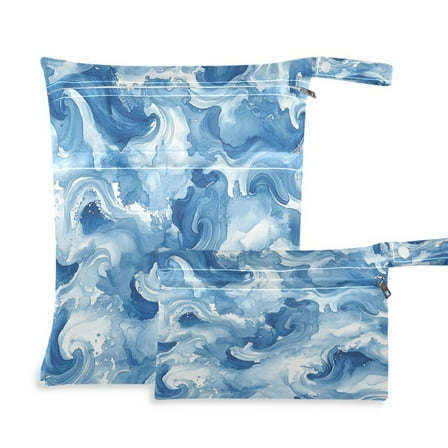 2 Pack Wet Dry Bags Waterproof Reusable Wet Bag with Handle for Travel,Diapers,Dirty Gym Clothes and Toiletries Fluid Indigo Waves