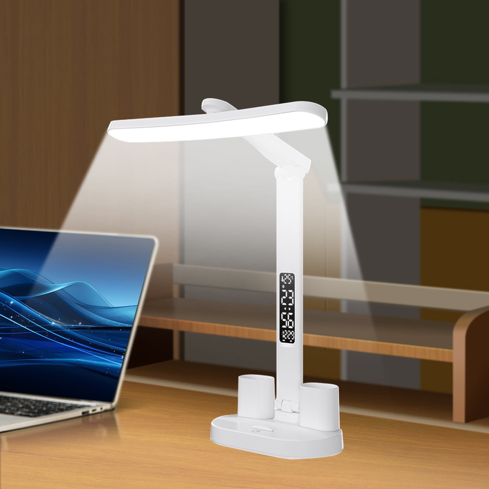 WMTBSRSW LED Desk Lamp,Dimmable,3 Color Modes,Office Desk Light with Clock,Alarm,Date,Temperature,Touch Control,Foldable Lamp for Table Home Reading Study