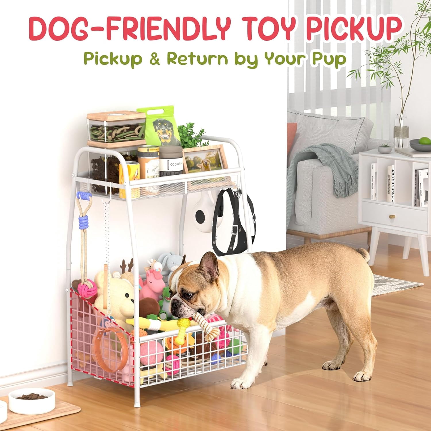 Indestructible Medium Dog Toy Basket - Rust Resistant Metal Wire Storage Organizer for Toys Food and Treats with Hooks