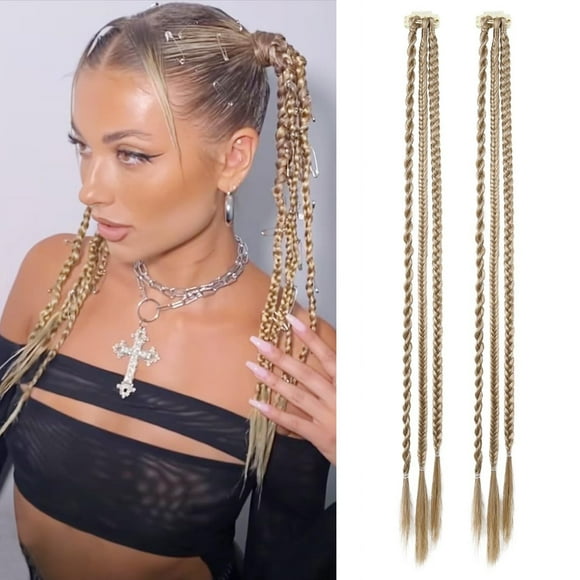 Braid Hair Extensions, 2 PCS Clip in Hair Extensions Baby Braids, 3 Braids on One Clip 6 Braids Total, 22" Long Natural Soft Synthetic Hairpieces for Women Girls Daily Wear (6 Color)